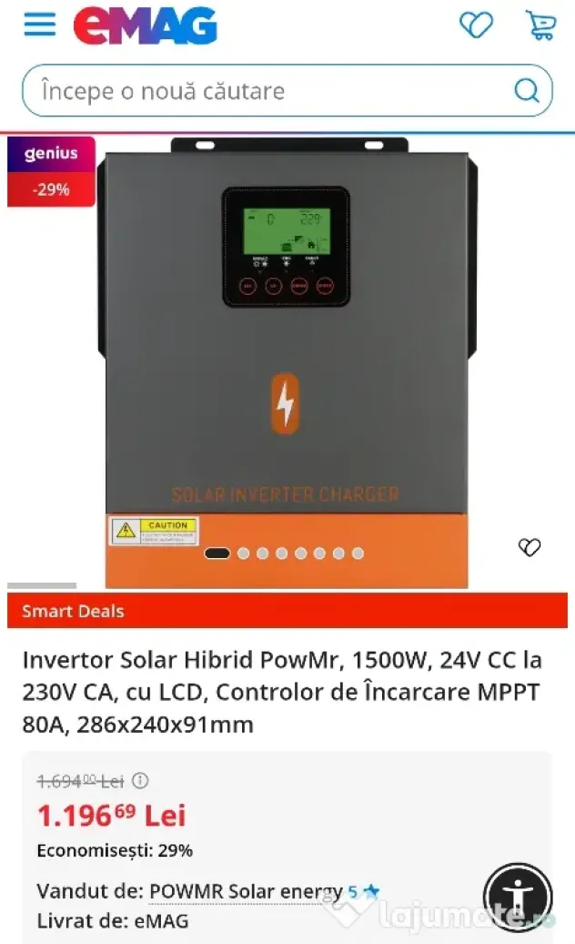 Invertor Solar Hibrid PowMr, 1500W, CC 24 volti cu Controler de Incarcare Solar MPPT Incorporat de 80A.