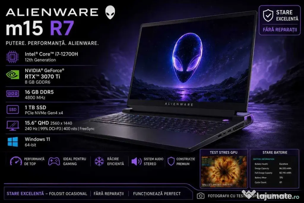 Laptop Alienware m15 R7,Intel i7,RTX 3070Ti,RAM:16 GB,SSD 1 TB, 15,6" QHD,240 Hz