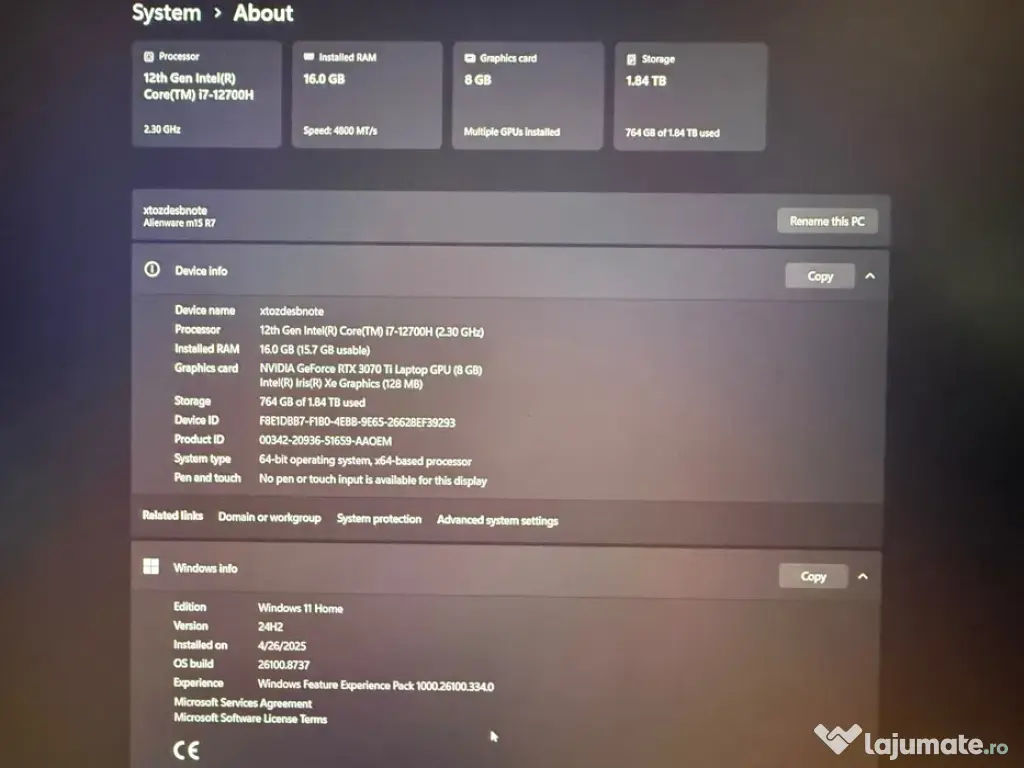 Laptop Alienware m15 R7,Intel i7,RTX 3070Ti,RAM:16 GB,SSD 1 TB, 15,6" QHD,240 Hz