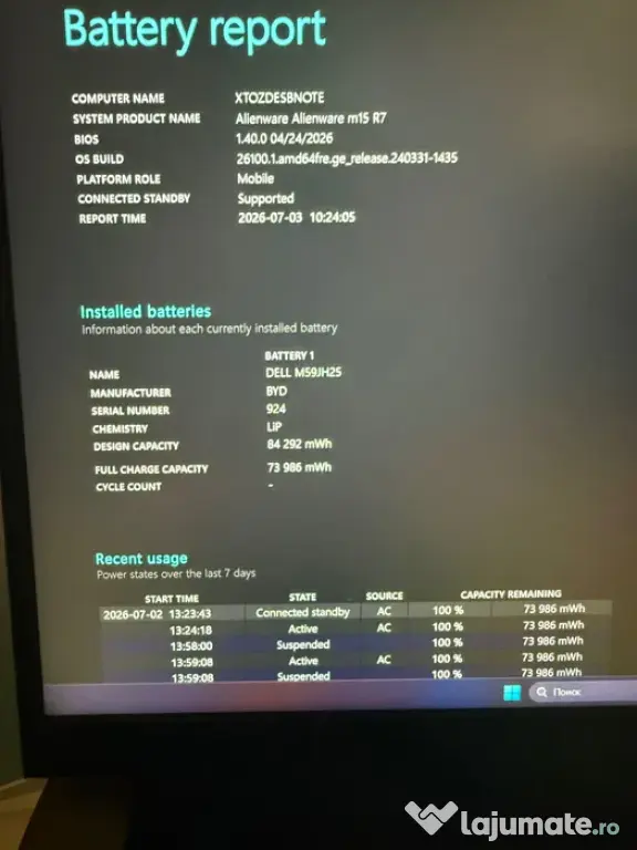 Laptop Alienware m15 R7,Intel i7,RTX 3070Ti,RAM:16 GB,SSD 1 TB, 15,6" QHD,240 Hz