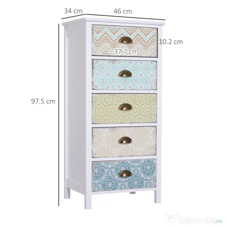 HOMCOM Comoda Dulapior Vintage cu 5 Sertare Fantezie, 46x34x97.5cm