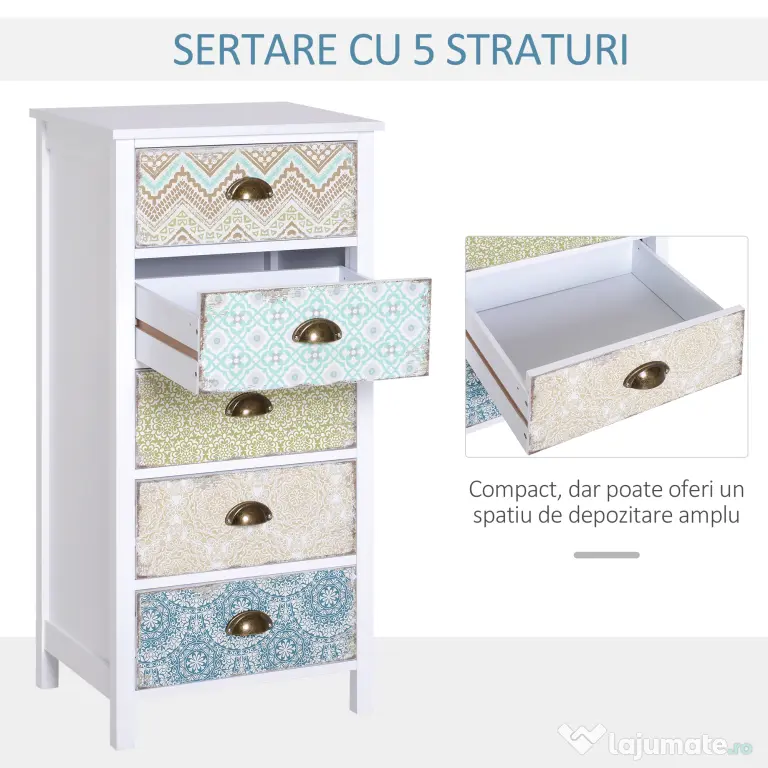 HOMCOM Comoda Dulapior Vintage cu 5 Sertare Fantezie, 46x34x97.5cm