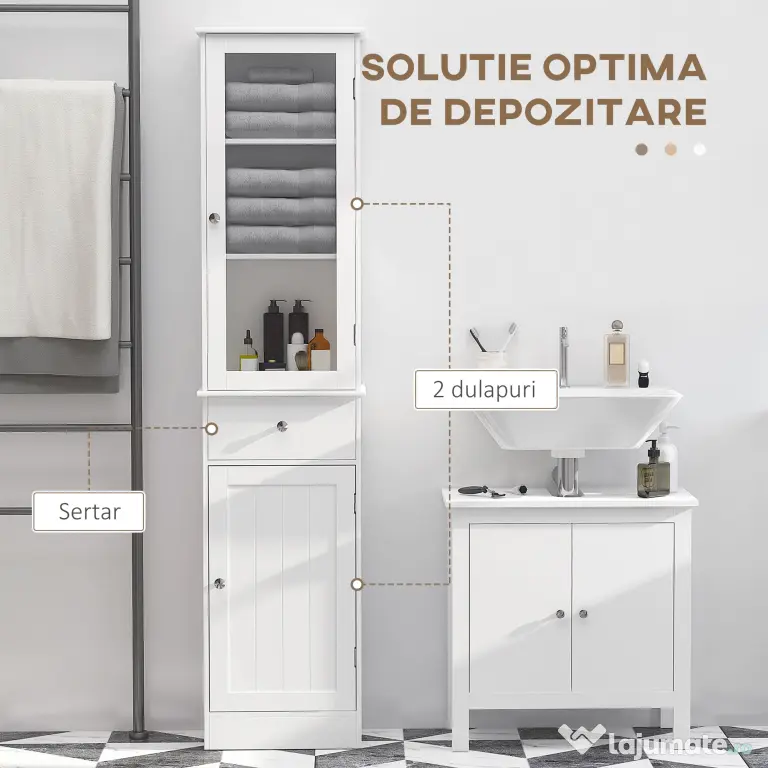 Dulap de depozitare multifuncțional Kleankin cu uși și rafturi – Alb, pentru baie, bucătărie, living sau birou
