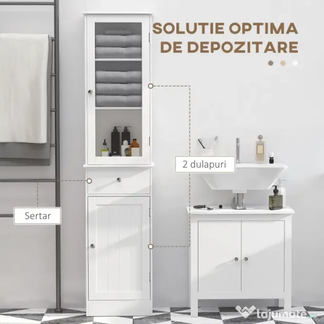 Dulap de depozitare multifuncțional Kleankin cu uși și rafturi – Alb, pentru baie, bucătărie, living sau birou