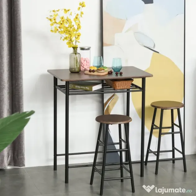Homcom Set Masa inalta cu 2 Scaune – Bar & Bucatarie cu Raft Integrat
