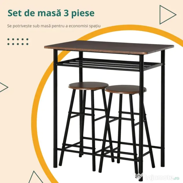 Homcom Set Masa inalta cu 2 Scaune – Bar & Bucatarie cu Raft Integrat