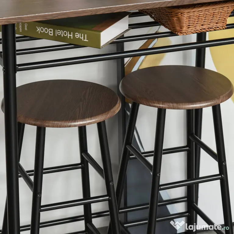 Homcom Set Masa inalta cu 2 Scaune – Bar & Bucatarie cu Raft Integrat
