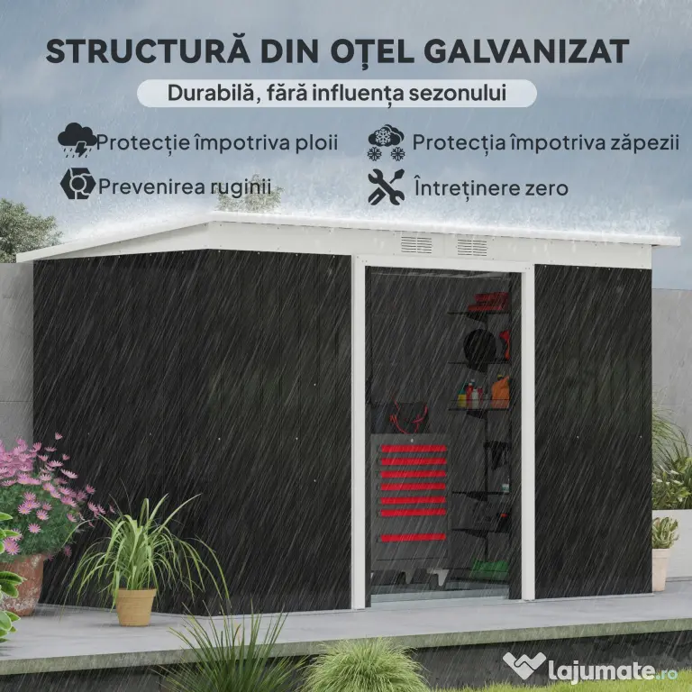 Outsunny Magazie de Grădină din Oțel pentru Scule și Unelte, Căsuță Metalică de Exterior cu Pardoseală și Uși Glisante, Rezistentă la Intemperii