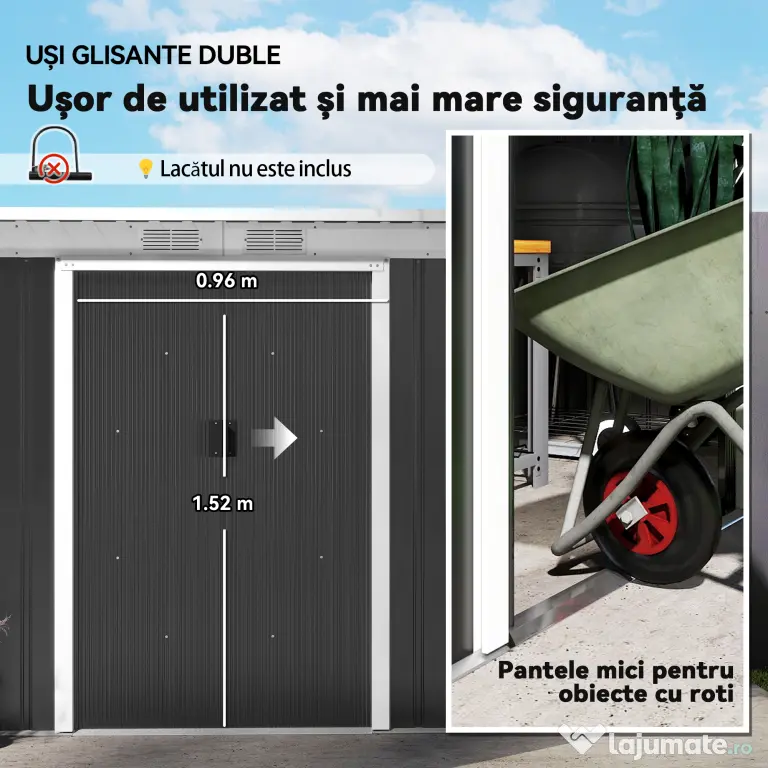 Outsunny Magazie de Grădină din Oțel pentru Scule și Unelte, Căsuță Metalică de Exterior cu Pardoseală și Uși Glisante, Rezistentă la Intemperii