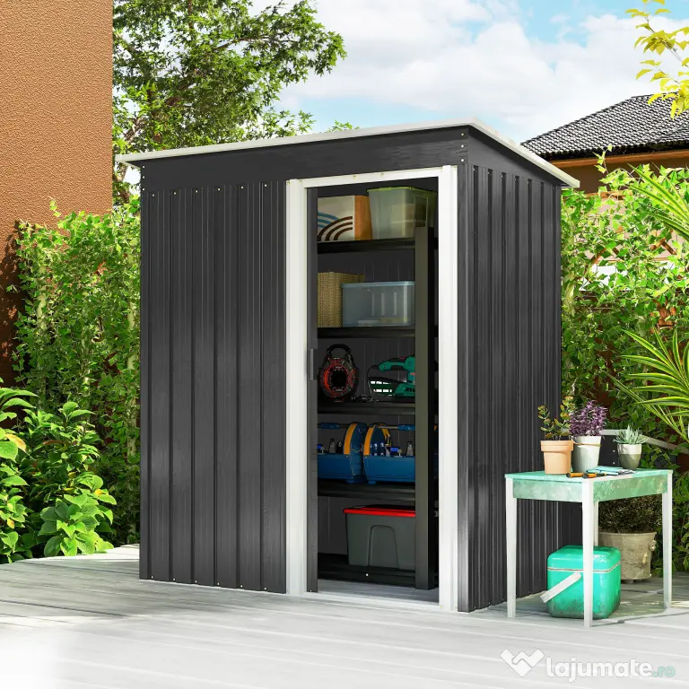 Outsunny Magazie de Scule din Otel, 1 Usa Glisanta, Remiza de Gradina Neagra, Acoperis inclinat 163 x89 x182cm