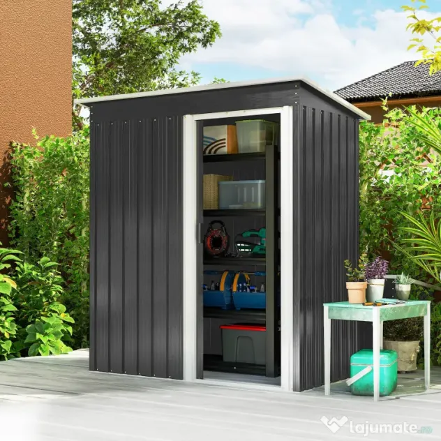 Outsunny Magazie de Scule din Otel, 1 Usa Glisanta, Remiza de Gradina Neagra, Acoperis inclinat 163 x89 x182cm
