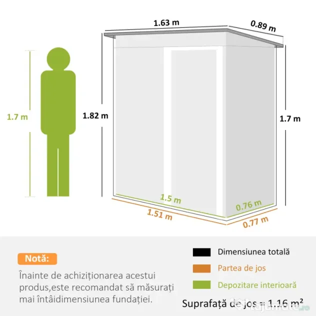 Outsunny Magazie de Scule din Otel, 1 Usa Glisanta, Remiza de Gradina Neagra, Acoperis inclinat 163 x89 x182cm