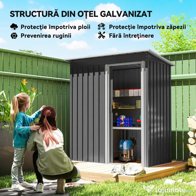 Outsunny Magazie de Scule din Otel, 1 Usa Glisanta, Remiza de Gradina Neagra, Acoperis inclinat 163 x89 x182cm