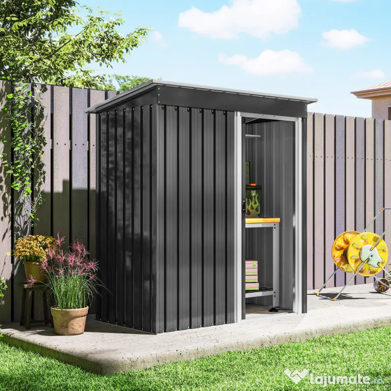Outsunny Magazie de Scule din Otel, 1 Usa Glisanta, Remiza de Gradina Neagra, Acoperis inclinat 163 x89 x182cm