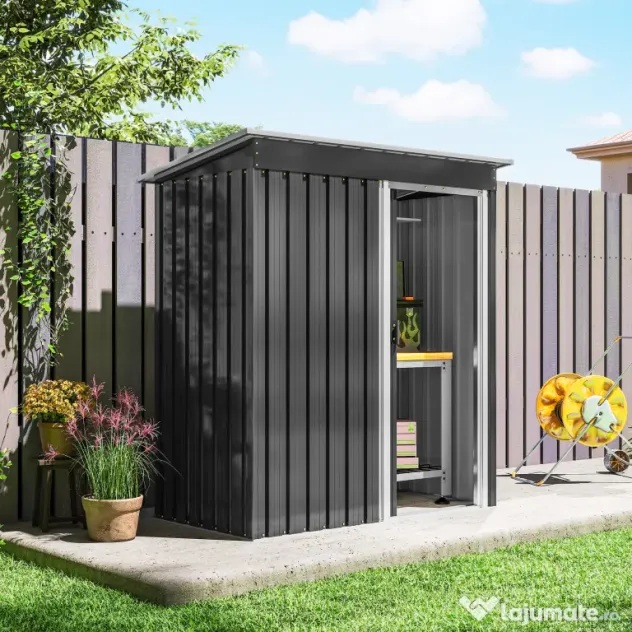 Outsunny Magazie de Scule din Otel, 1 Usa Glisanta, Remiza de Gradina Neagra, Acoperis inclinat 163 x89 x182cm