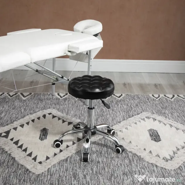 Taburet HOMCOM Reglabil pe Inaltime cu 5 Roti Pivotante, din Otel, Spuma de Cauciuc si Imitatie de Piele, Ф48x47-59lcm, Negru