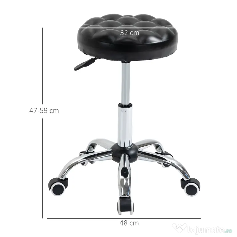 Taburet HOMCOM Reglabil pe Inaltime cu 5 Roti Pivotante, din Otel, Spuma de Cauciuc si Imitatie de Piele, Ф48x47-59lcm, Negru