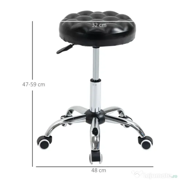 Taburet HOMCOM Reglabil pe Inaltime cu 5 Roti Pivotante, din Otel, Spuma de Cauciuc si Imitatie de Piele, Ф48x47-59lcm, Negru