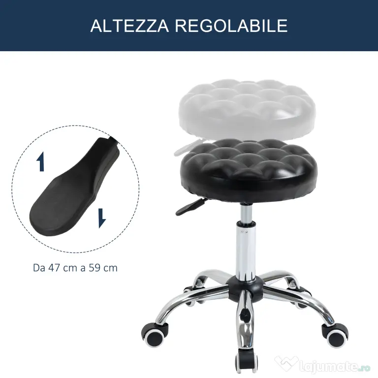 Taburet HOMCOM Reglabil pe Inaltime cu 5 Roti Pivotante, din Otel, Spuma de Cauciuc si Imitatie de Piele, Ф48x47-59lcm, Negru