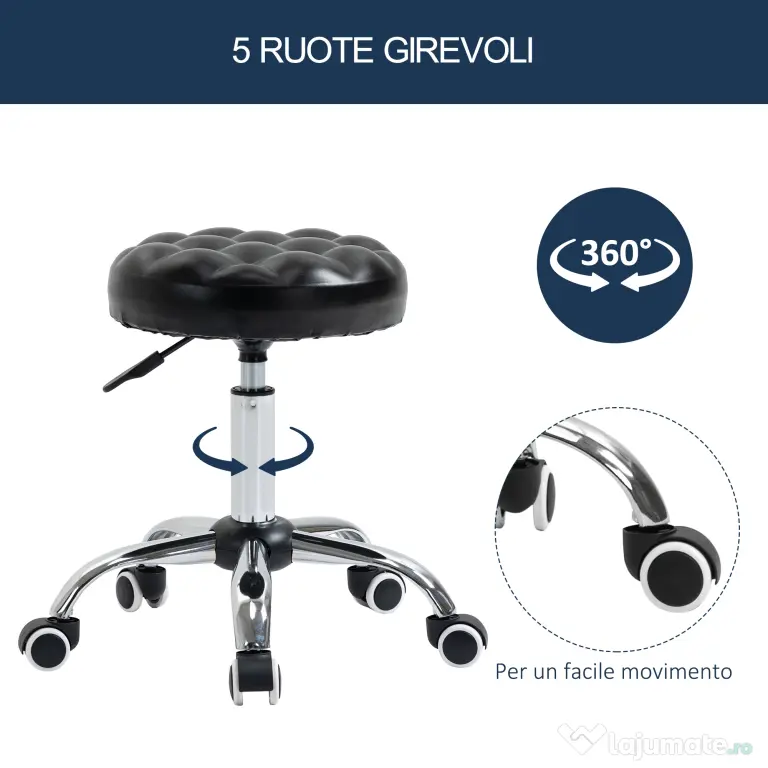 Taburet HOMCOM Reglabil pe Inaltime cu 5 Roti Pivotante, din Otel, Spuma de Cauciuc si Imitatie de Piele, Ф48x47-59lcm, Negru