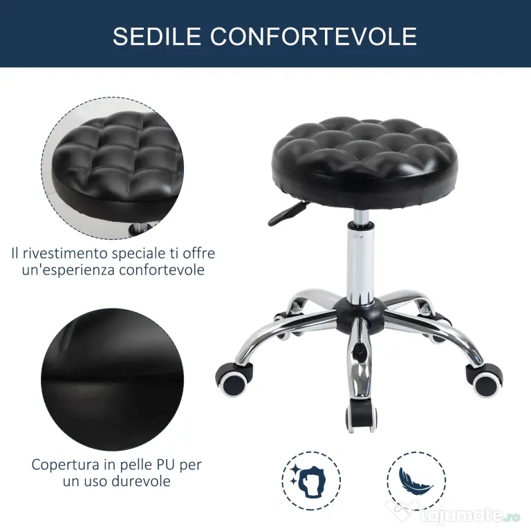 Taburet HOMCOM Reglabil pe Inaltime cu 5 Roti Pivotante, din Otel, Spuma de Cauciuc si Imitatie de Piele, Ф48x47-59lcm, Negru