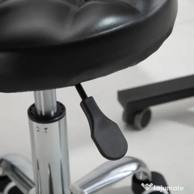 Taburet HOMCOM Reglabil pe Inaltime cu 5 Roti Pivotante, din Otel, Spuma de Cauciuc si Imitatie de Piele, Ф48x47-59lcm, Negru
