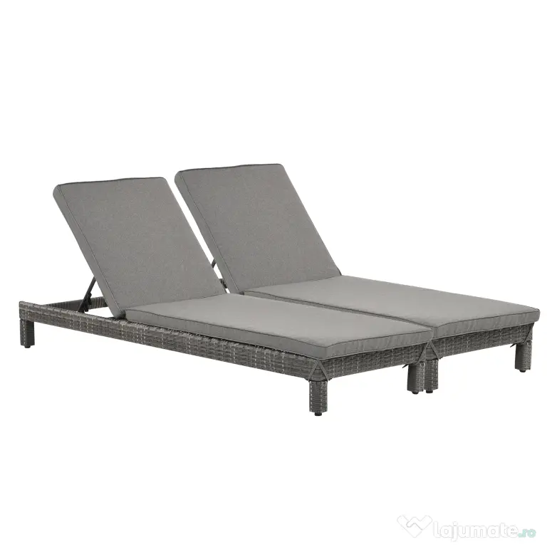 Outsunny Set 2 Sezlonguri de Gradina in PE Rattan cu Perna Captusita Gri