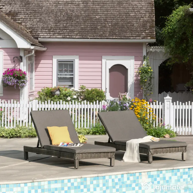 Outsunny Set 2 Sezlonguri de Gradina in PE Rattan cu Perna Captusita Gri