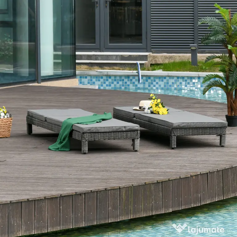 Outsunny Set 2 Sezlonguri de Gradina in PE Rattan cu Perna Captusita Gri