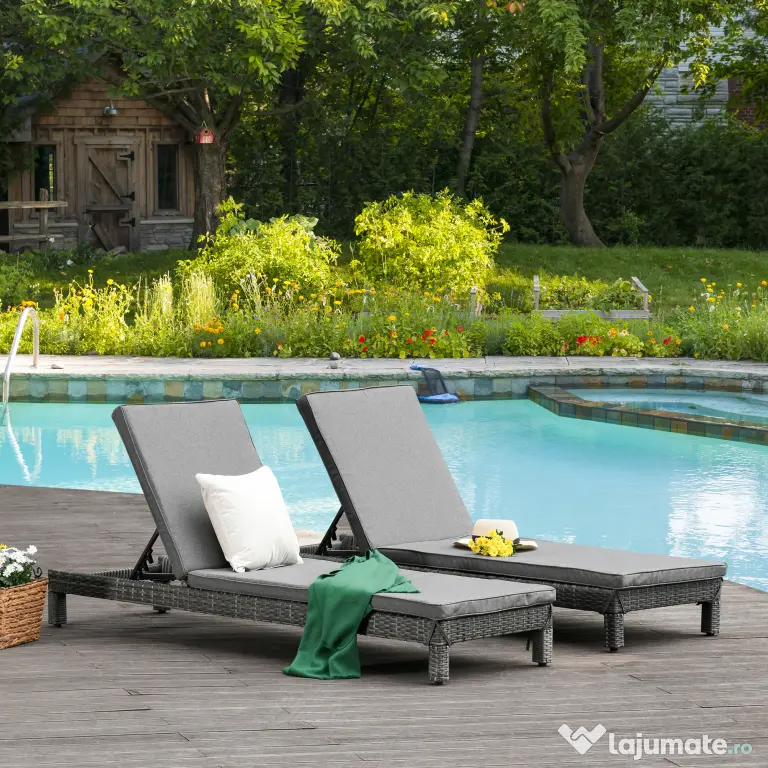 Outsunny Set 2 Sezlonguri de Gradina in PE Rattan cu Perna Captusita Gri