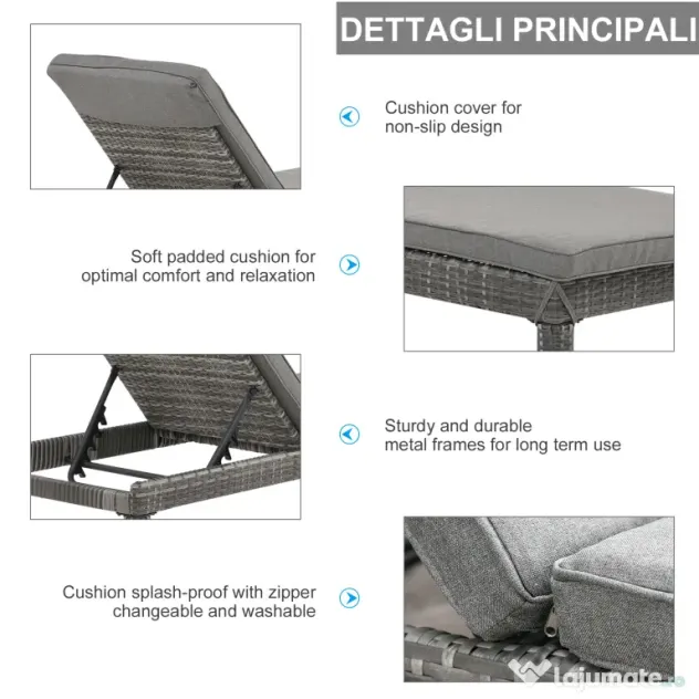 Outsunny Set 2 Sezlonguri de Gradina in PE Rattan cu Perna Captusita Gri