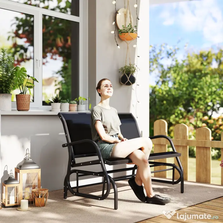 Outsunny Banca Tip Leagan 2 Locuri din Metal, Negru, 123x70x87 cm