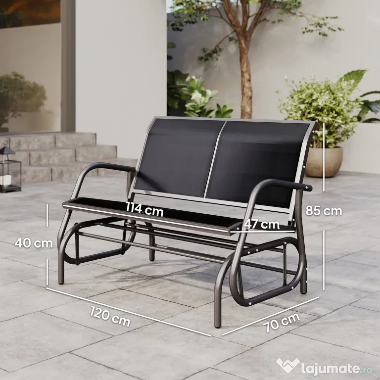 Outsunny Banca Tip Leagan 2 Locuri din Metal, Negru, 123x70x87 cm