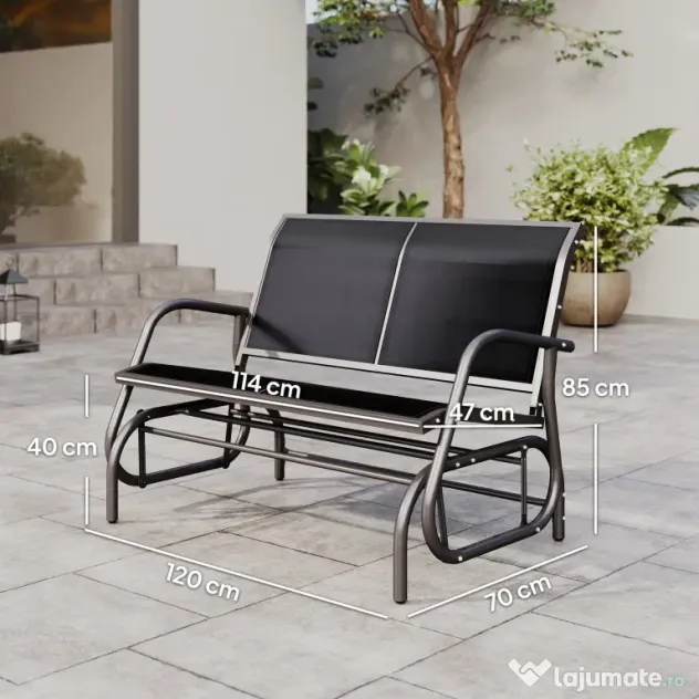 Outsunny Banca Tip Leagan 2 Locuri din Metal, Negru, 123x70x87 cm