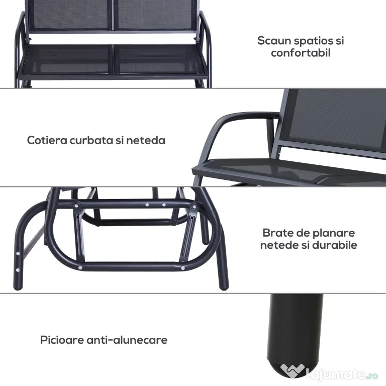 Outsunny Banca Tip Leagan 2 Locuri din Metal, Negru, 123x70x87 cm