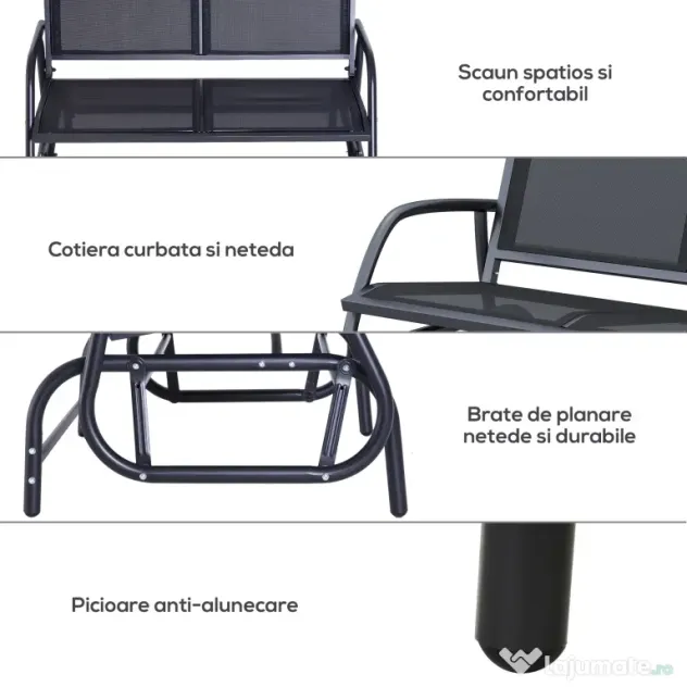 Outsunny Banca Tip Leagan 2 Locuri din Metal, Negru, 123x70x87 cm