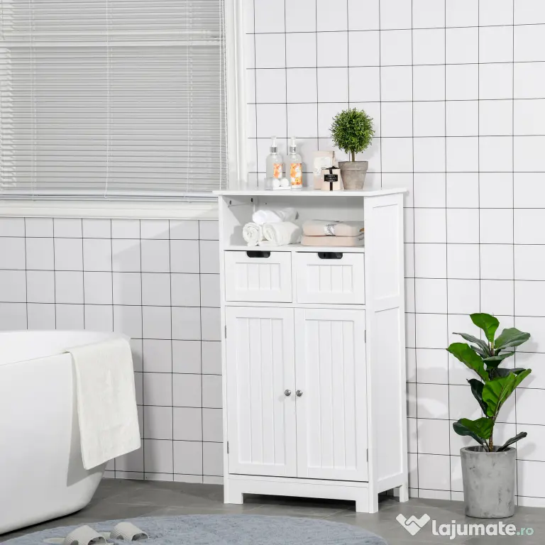 Kleankin Mobila Baie Multifunctionala, Dulap, Etajera, 2 Sertare, Alb