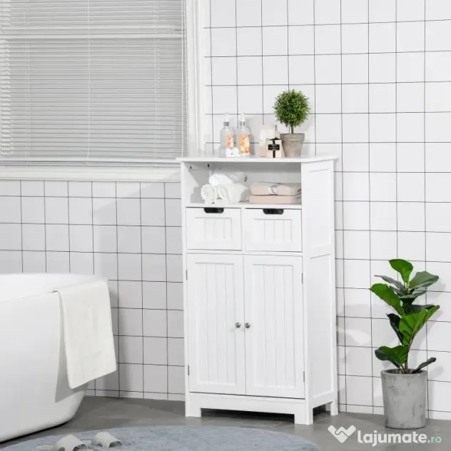 Kleankin Mobila Baie Multifunctionala, Dulap, Etajera, 2 Sertare, Alb