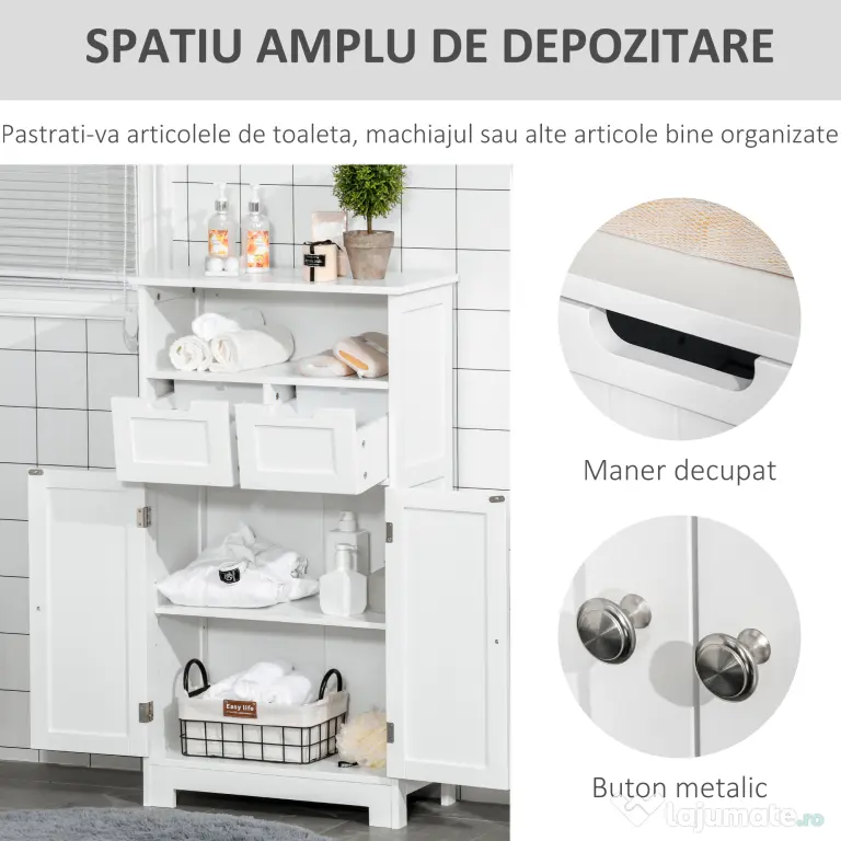 Kleankin Mobila Baie Multifunctionala, Dulap, Etajera, 2 Sertare, Alb