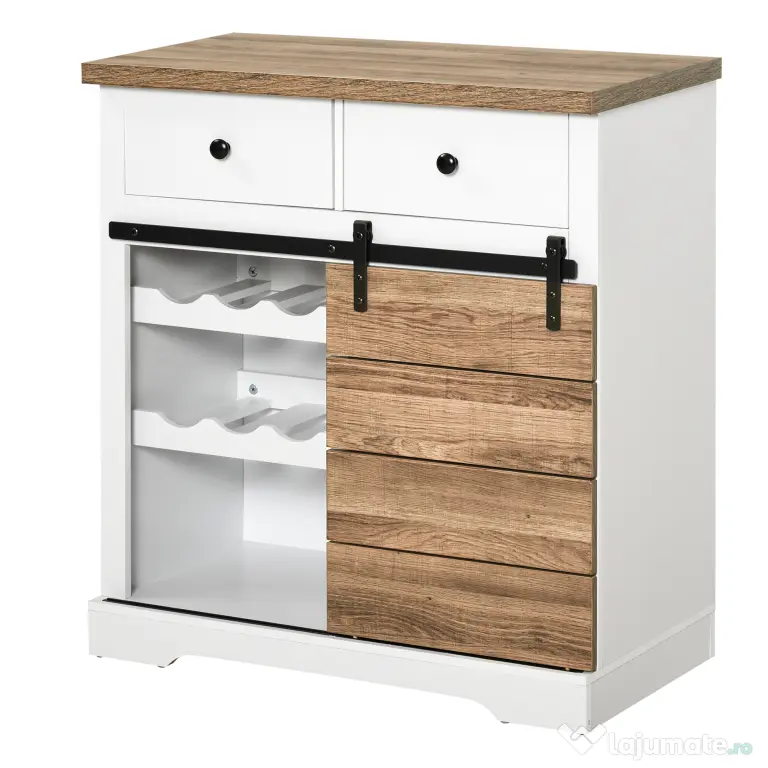 HOMCOM Dulap de Bucătărie Rustic cu 2 Sertare, Rafturi Deschise și Suport pentru Sticle, din Lemn și Metal, 80x39x86 cm