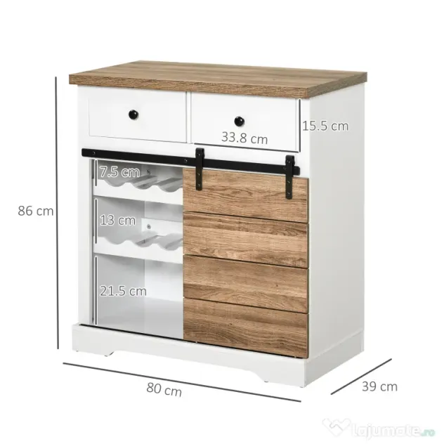 HOMCOM Dulap de Bucătărie Rustic cu 2 Sertare, Rafturi Deschise și Suport pentru Sticle, din Lemn și Metal, 80x39x86 cm