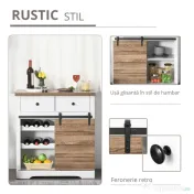 HOMCOM Dulap de Bucătărie Rustic cu 2 Sertare, Rafturi Deschise și Suport pentru Sticle, din Lemn și Metal, 80x39x86 cm 
