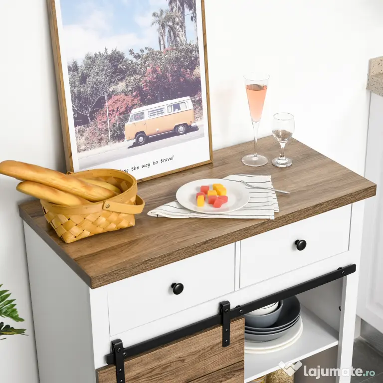 HOMCOM Dulap de Bucătărie Rustic cu 2 Sertare, Rafturi Deschise și Suport pentru Sticle, din Lemn și Metal, 80x39x86 cm
