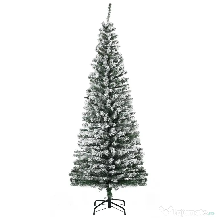 HOMCOM Brad de Crăciun înzăpezit din PP Verde cu 492 de crenguțe ignifuge și bază din oțel inoxidabil, Ø60x180 cm