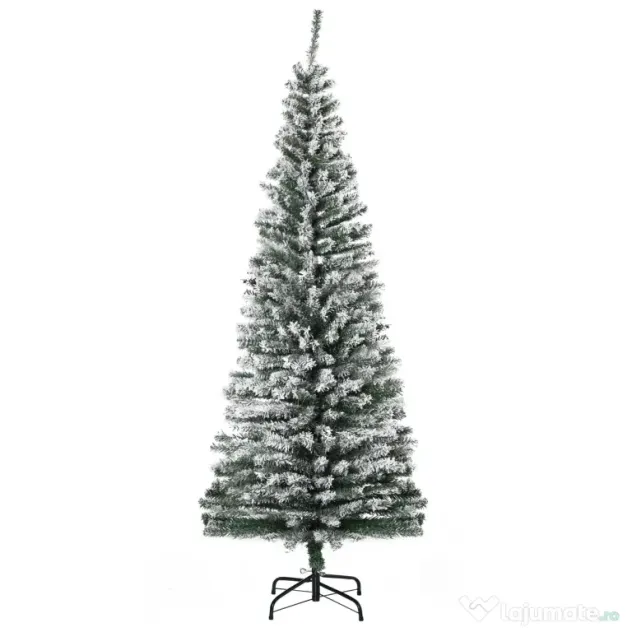 HOMCOM Brad de Crăciun înzăpezit din PP Verde cu 492 de crenguțe ignifuge și bază din oțel inoxidabil, Ø60x180 cm