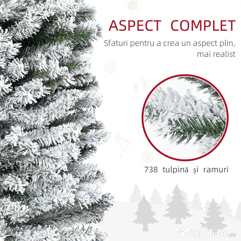 HOMCOM Brad de Crăciun înzăpezit din PP Verde cu 492 de crenguțe ignifuge și bază din oțel inoxidabil, Ø60x180 cm