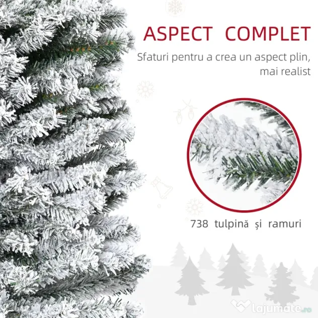 HOMCOM Brad de Crăciun înzăpezit din PP Verde cu 492 de crenguțe ignifuge și bază din oțel inoxidabil, Ø60x180 cm