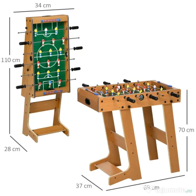 HOMCOM Fotbal- Biliard pliabil compact din lemn cu 18 jucatori, 69x37x70cm