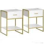 HOMCOM Set 2 noptiere moderne cu sertar și raft deschis din MDF și oțel, 45x40x60cm, alb și auriu