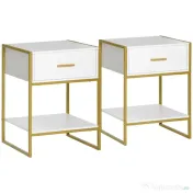HOMCOM Set 2 noptiere moderne cu sertar și raft deschis din MDF și oțel, 45x40x60cm, alb și auriu 